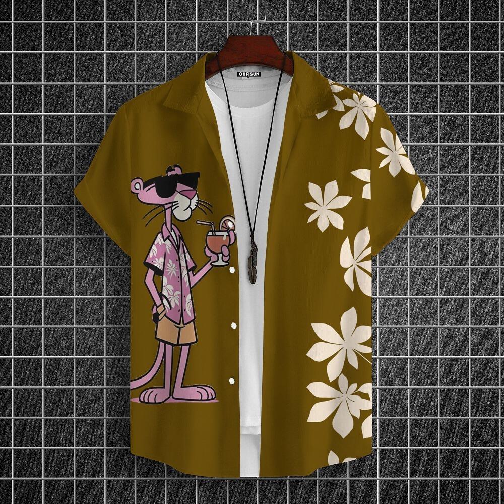 Cartoon Leopard Grafik Herren Kurzarm Hemd mit Kragen Oberteile Unisex Rosa Knopfleiste Hawaiian Hemden Sommer Täglich Damen Blusen