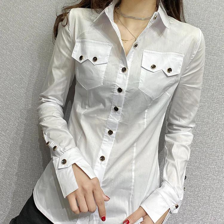 Spring Women's Long Sleeve Green Shirts Autumn Office Lady Pocket Blouses Women Button Up Tops