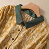 Summer Cotton Linen Art Retro Floral Seven Quarter Sleeved Shirt Top for Women