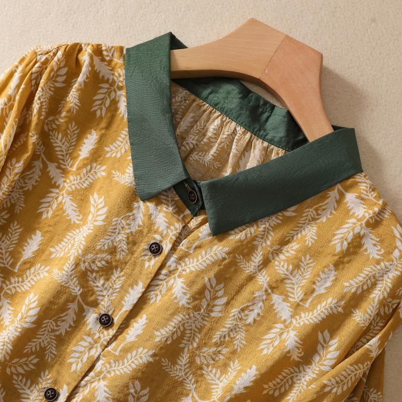 Summer Cotton Linen Art Retro Floral Seven Quarter Sleeved Shirt Top for Women