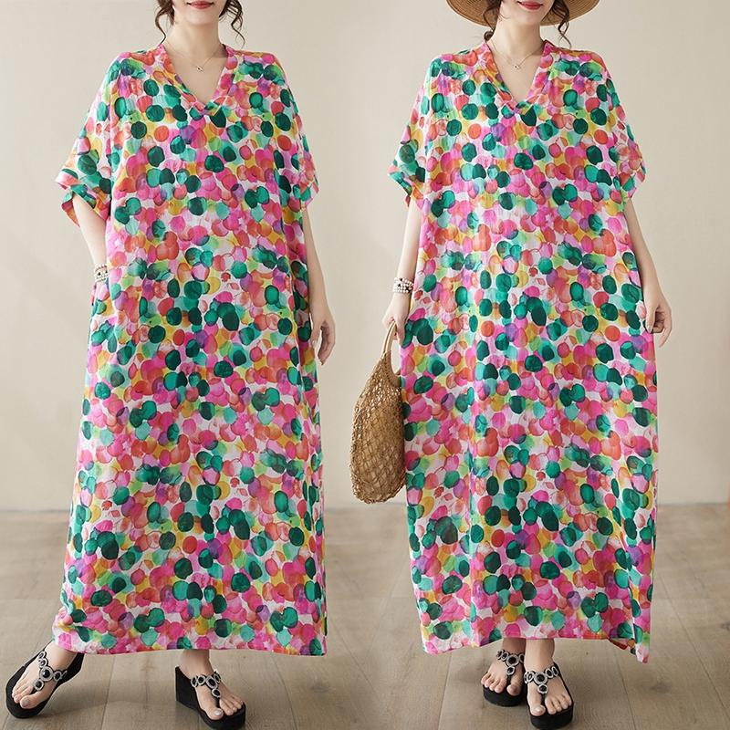 DIMANAF Women 2024 Plus Size Spring Summer Oversize Style Dress Beach Elegant Floral Long Dress Oversize Basic Loose Dress Plus Size 9037