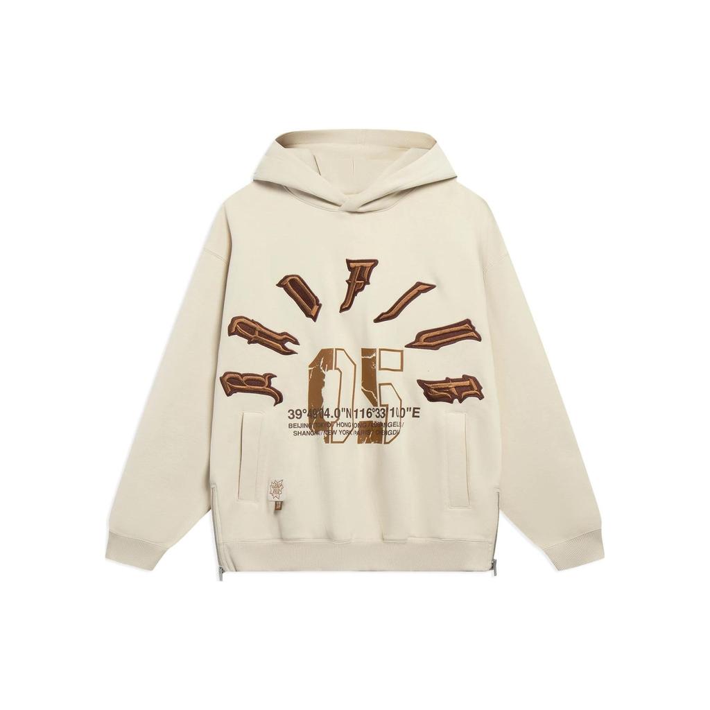 Li Ning Basketball Series Printed Letter Hooded Pullover Fleece Sweatshirt Unisex sweatshirt Light-Milk-Brown AWDT085-1