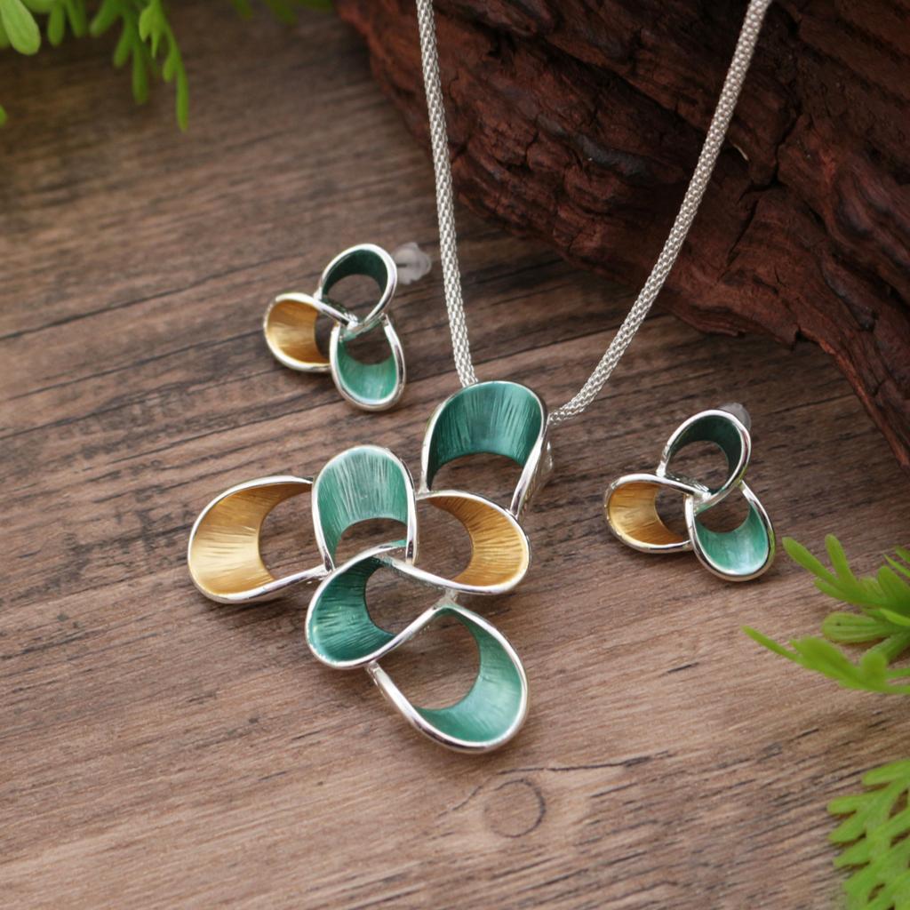 New enamel color hollow geometric flower stud earrings long pendant set, women's exaggerated autumn and winter sweater chain
