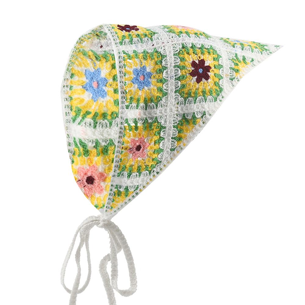 Fashion Knitted Headscarf Hat French Pastoral Style Triangle Headband Handmade Crochet Headband Towel Little Flower Headscarf