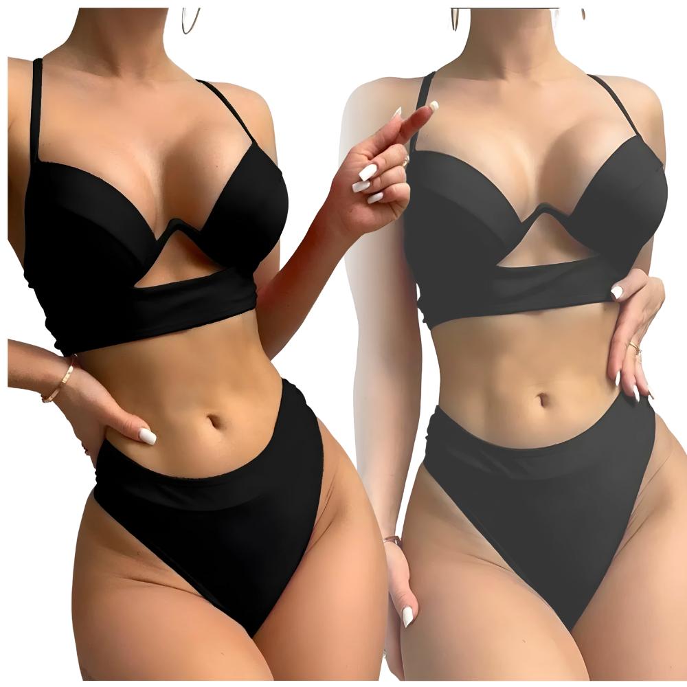 Costume da bagno bikini push-up con dettaglio laccetto, vita alta nera, cut-out. Costume da bagno bikini push-up con dettaglio laccetto, vita alta nera, cut-out.