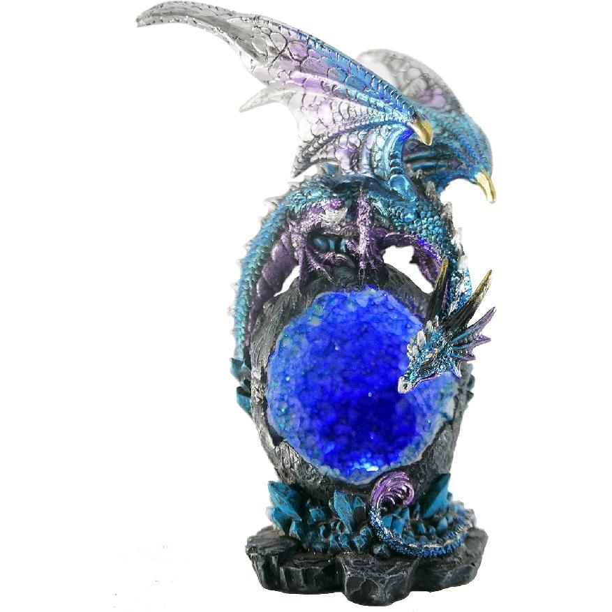 JORAE Dragon Statue On Sparkling Faux Crystal Cave Light Up Color Changing LED Collectible Dragon Figurine Home Décor (Blue), 8.5" H