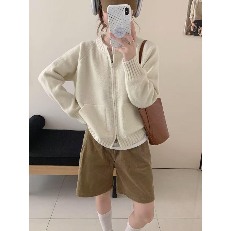 Autumn and winter new double pocket zipper knitted cardigan women's loose casual double head zipper knitted sweater jacket