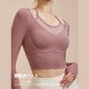 Yomoment Mesh Faux Layered Bra Top with Long Sleeve Yoga Shirt Top Cups,