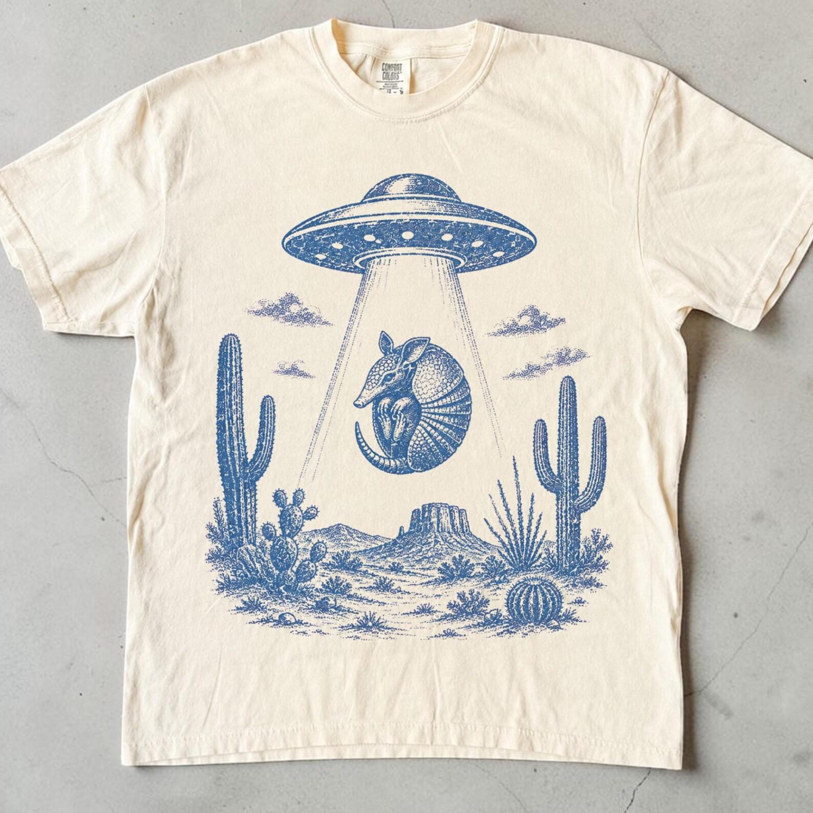 Funny Armadillo Shirt, UFO Alien Abduction Tee, Vintage Western Desert, Texas Armadillo Gift, Unisex Relaxed Fit Comfort Colors S