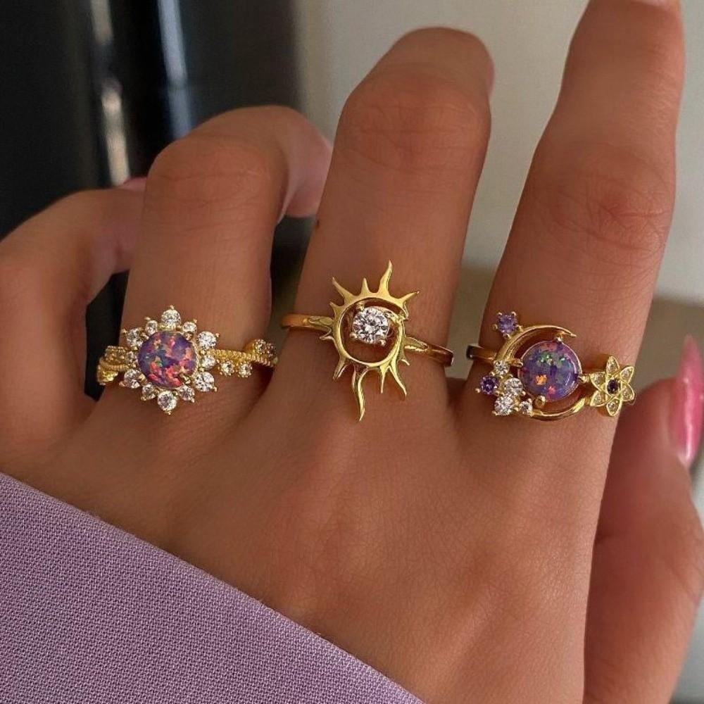 Shiny Sun Moon Ring Set Vintage Gold Tone Adjustable Finger Jewelry Retro Stackable Rings  Teenager