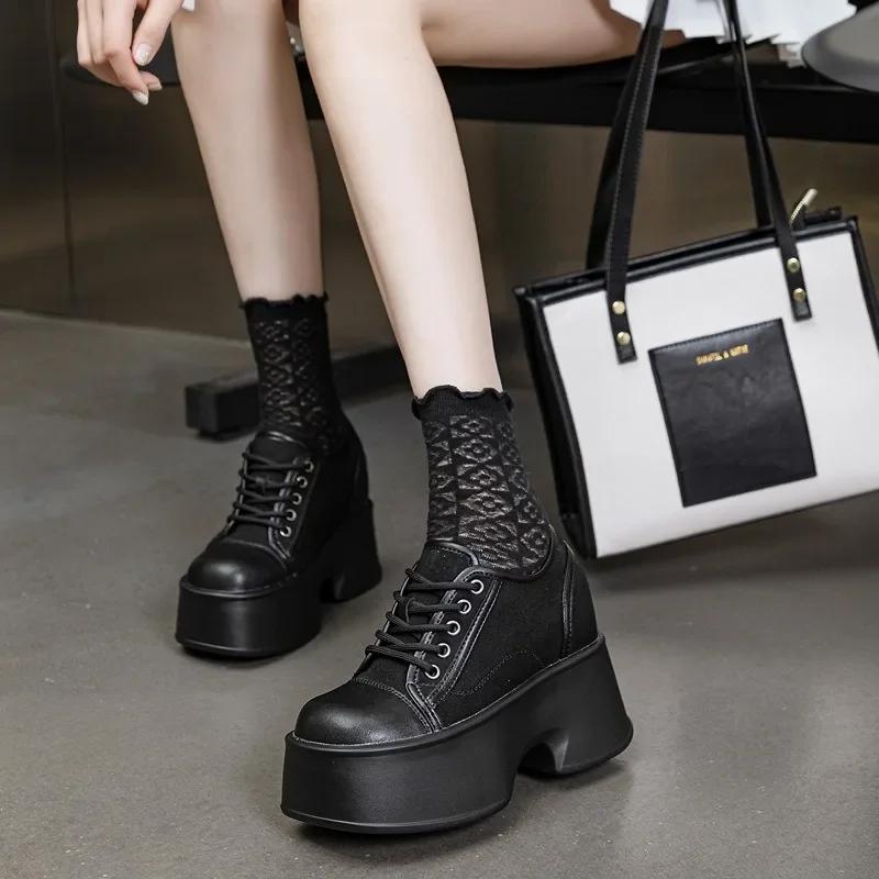 

Fashion 11cm Cow Suede Genuine Leather Platform Wedge Comfy Spring Fashion Chunky Sneaker Pumps Sneakers Summer Women Ankle Boots Shoes 33 чёрный