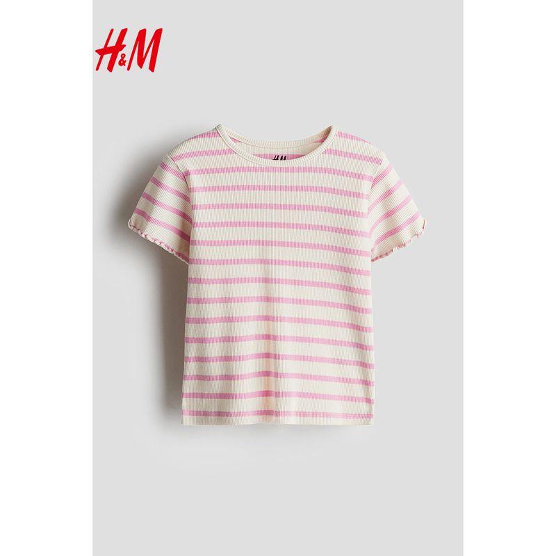 

HM Children s Clothing Girl T-shirt 2025 Summer New Arrival Casual Soft round Neck Short Sleeve Rib Jersey Tops 1218038 Light beige/Stripes 110/56(2-4Y)