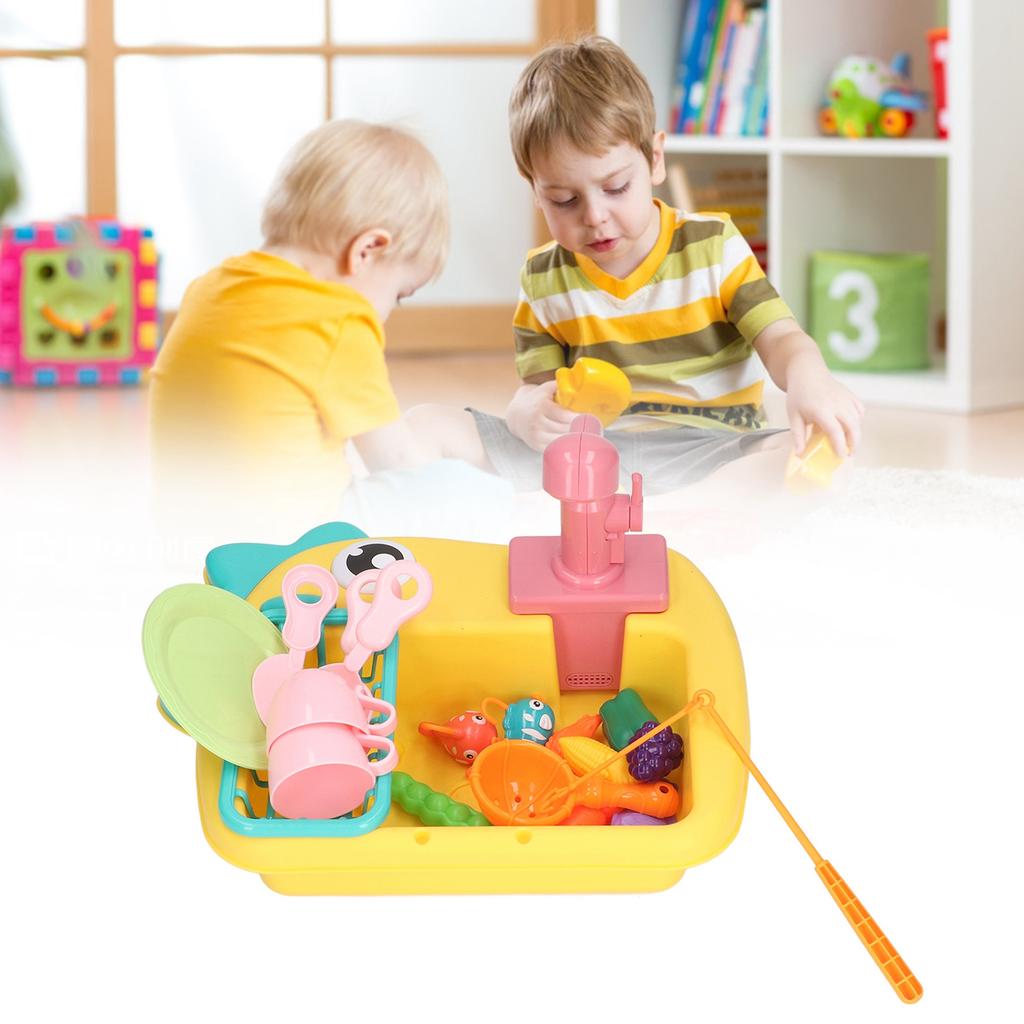 2 in 1 Play Kitchen Sink Toys with Running Water Automatic Faucets Pretend Dinosaur Fishing Toys