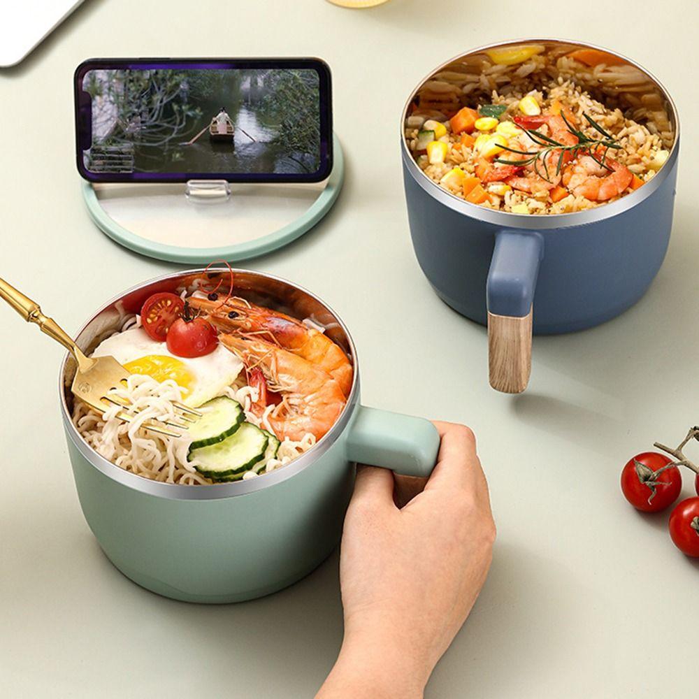 Non-slip Bottom Insulated Ramen Bowl Large Capacity Anti-Scald Handle Stainless Steel Bowls with Phone Holder Heat Insulation