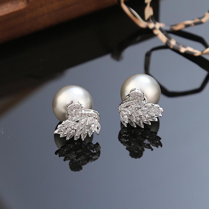 Swan full diamond zircon pearl stud earrings luxury high-end earrings S925 silver needle fashion personalized earrings women