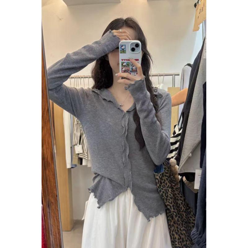 Women s Gray V-Neck Long Sleeve Knitted Base Shirt - 2025 Early Autumn Slim Fit Innerwear Small