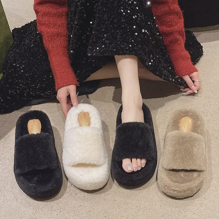 8CM Thick-Sole Fur Slippers for Women's Outdoor Wear—2024 New Autumn/Winter Warm Cotton Slippers