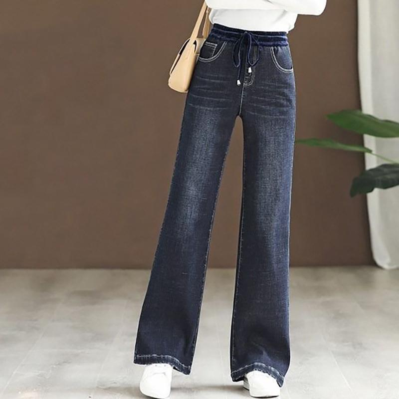 Dámské Elastické Vysoký Pas Rovné Džíny Baggy Oversize Široká noha Denim Kalhoty Jaro Podzim Causal Vintage