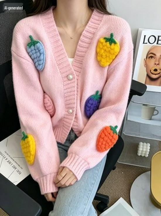 Women's Korean Dongdaemun Strawberry Knit Cardigan - Hand-embroidered, Cozy Autumn/Winter Sweater, Stylish & Quality Design