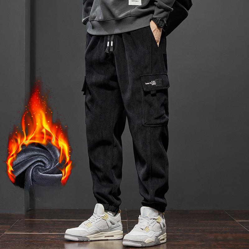 Vinter Nye Herre Fleece Kordfløyel Myke Cargo Haremsbukser Fortykket Varm Elastisk Løs Street Jogging Sportsbukser Herre