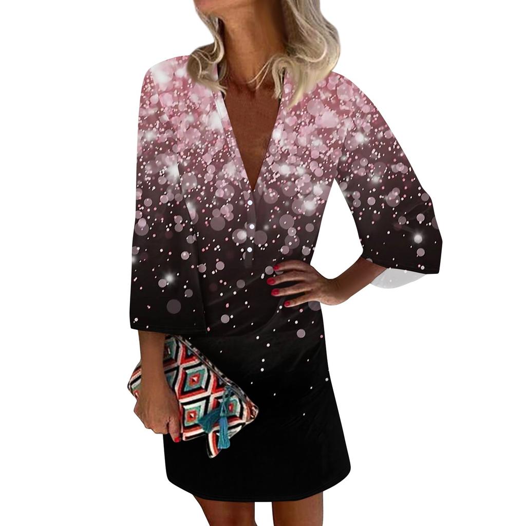 Dresses For Women Casual V Neck Casual Three Quarter Sleeve Dress Button Sundress