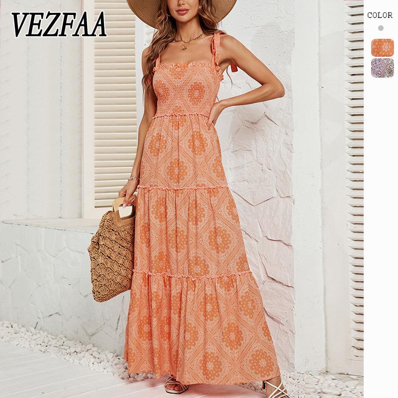 

VEZFAA женская мода лето весна богемный принт без рукавов с высокой талией повседневные платья