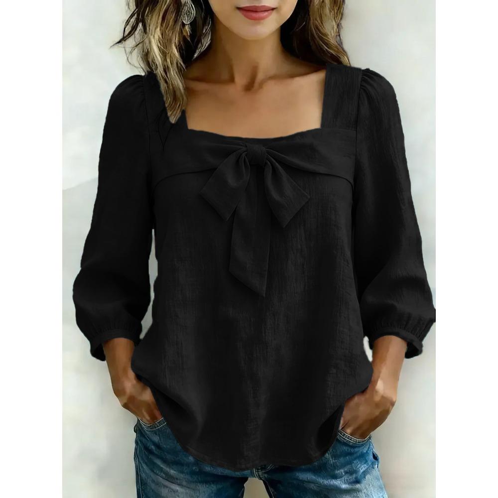 women's Square Neck Bow Tie Blouse 3/4 Puff Sleeve Casual Solid Color Top for Summer