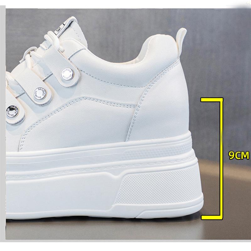 100% Genuine Leather Women White Shoes Fashion Sneakers Ladies Shoes Casual Soft Breathable Height Increasing Shoes 9cm