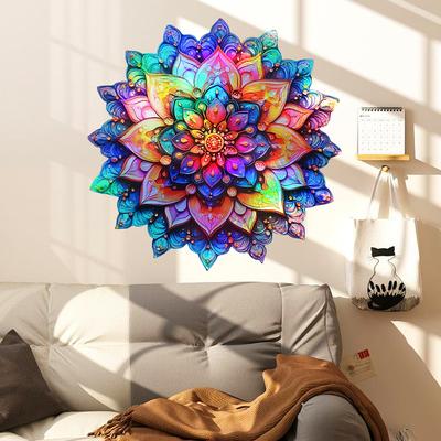 Eine Vielzahl von Lasermaterialien ändert allmählich bunte Mandala-Blumen-Wandaufkleber. Betrachtungswinkel, verschiedene Muster und Farben. Wandaufkleber.