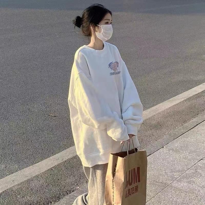 Fleece love printed sweater women's autumn and winter Korean version loose long sleeves sweet and cute crew neck student fleece shirt