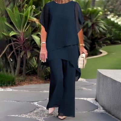 Conjunto feminino de 2 peças de chiffon, casual, plus size, calça larga, babados, camadas assimétricas, roupa para convidados de casamento, primavera-verão