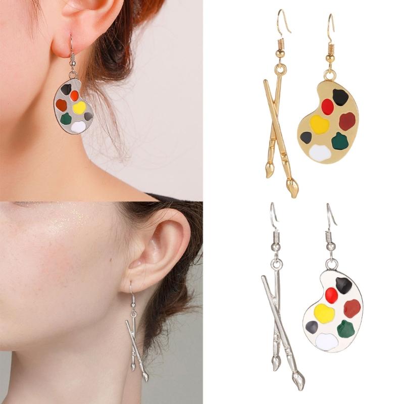 Artist Palette and Paintbrush Drop Earrings for Women, Polished Alloy French Hook Jewelry for Commute Styling