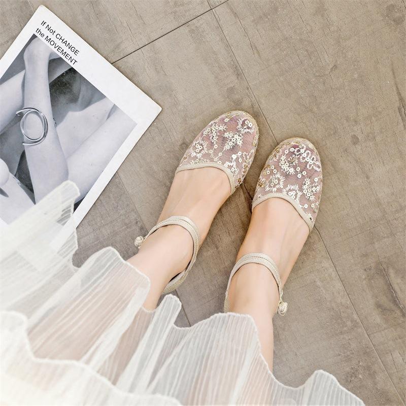 2025 new Korean version of women's sandals wedge heel European and American sandals mesh foreign trade sandals pointed hemp buckle women's sandals