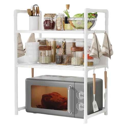 Microwave Rack, Adjustable Microwave Stand - Kitchen Countertop Utensil and Cutlery Organizer | Adjustable Countertop Utility Storage Rack with Hooks