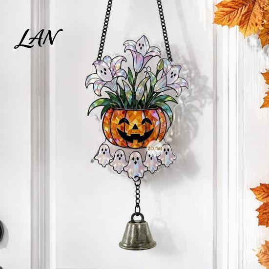 Pumpkin Party Decor Halloween Acrylic Hanging Decoration, Cartoon Ghost Ornament with Bell Bell, Suncatcher for Indoor Outdoor Holiday Ornaments