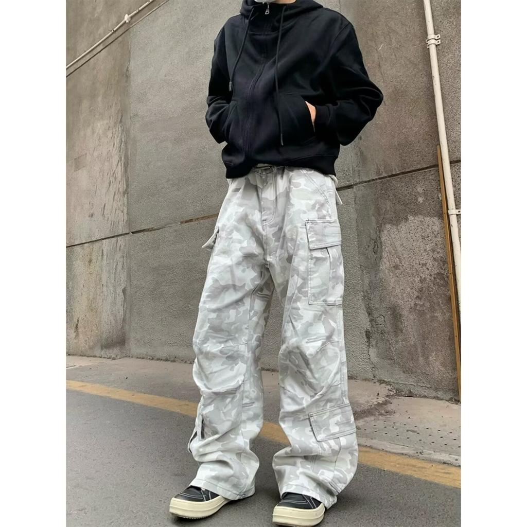 American Street Snow Camouflage Tooling Jeans Men's and Women's High Street Silhouette Splicing Multi-pocket Layered Casual Pants
