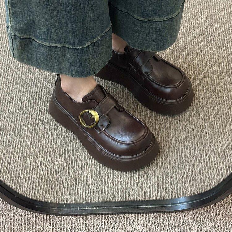 British Style Small Leather Shoes Women's Spring 2025 New Muffin Thick-soled Round Head Versatile Velcro Black Loafers