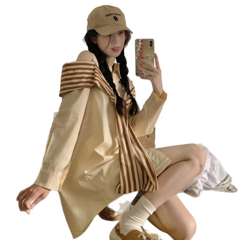 New Off-the-shoulder Polo Collar Shirt Dress Women's Autumn Design Sense Niche Art Sense Chic Short Skirt