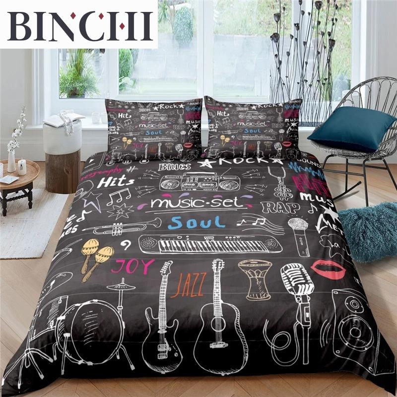 3d Music Notes Guitar Duvet Cover Set For Teens Adults Bedroom Decor Music Bedding Sets Fashion Hip Hop Comforter Cover