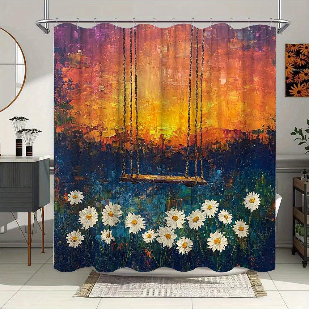 

Sunset Swing With Daisies Waterproof Mildew-Resistant Shower Curtain - Artistic Design For A Relaxing Bathroom Dcor Experience W60H190(CM)-1 Pcs