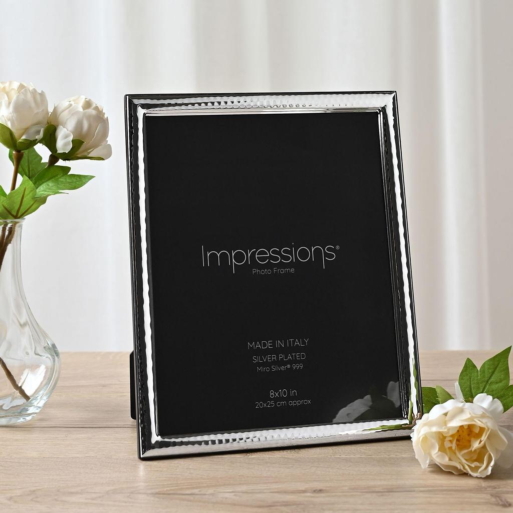 Impressions 999 Silver Narrow Hammered Photo Frame 8 x 10 Wood Back Made In Italy