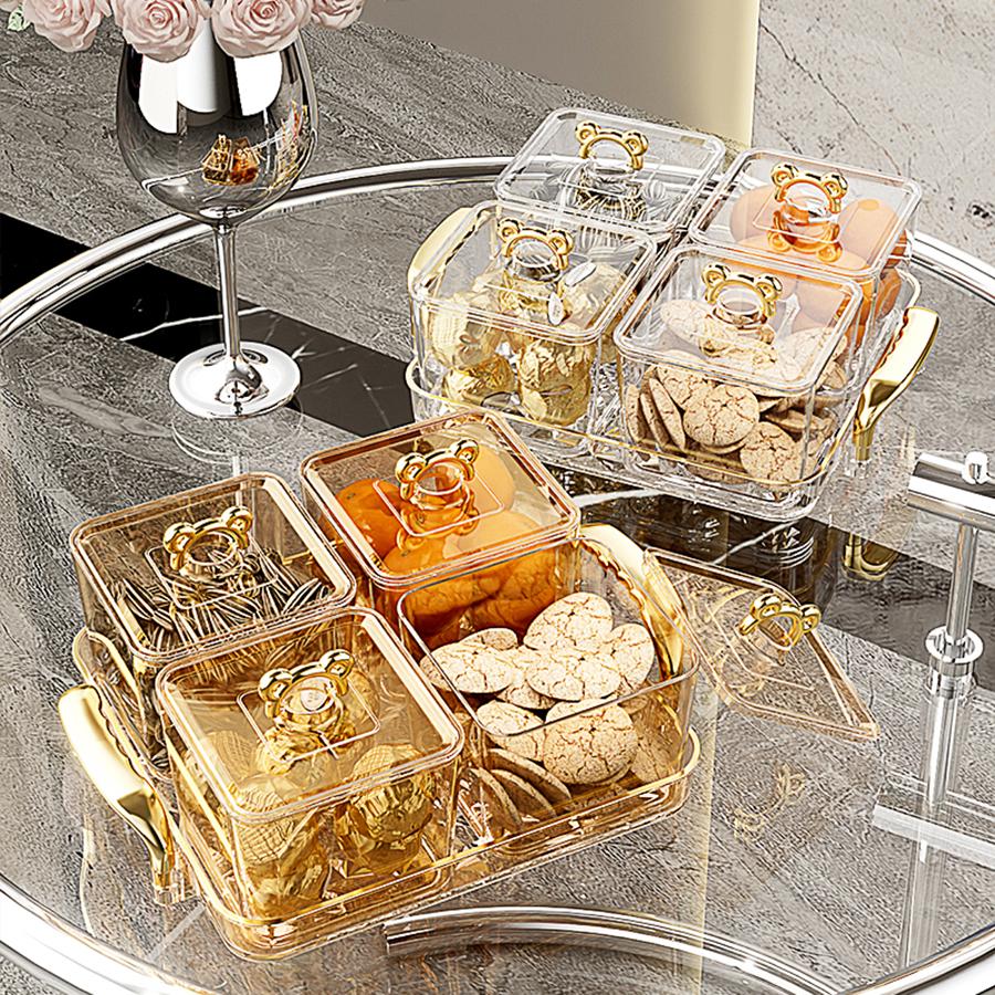 Clear Plastic Food Storage Box 4/6 Grids Moisture-Proof Sealed Candy Dried Fruit Snack Container Fruit Tray Kitchen Organizer