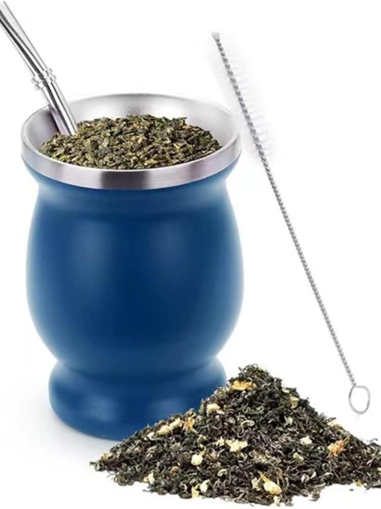 Stainless Steel Yerba Mate Cup 8oz Double Wall Yerba Mate Gourd with Spoon Straw Cleaning Brush for Home Office