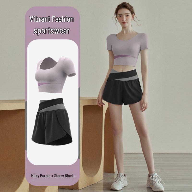 Premium Women's Color Block Sportswear Set - Short Sleeve Top & High-Waist Shorts, Yoga & Pilates Two-Piece Outfit