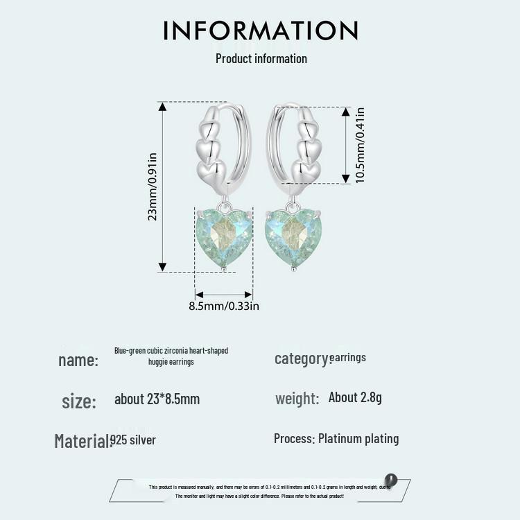Avle Heart-Shaped Blue-Green Zircon Earrings In S925 Sterling Silver for Women