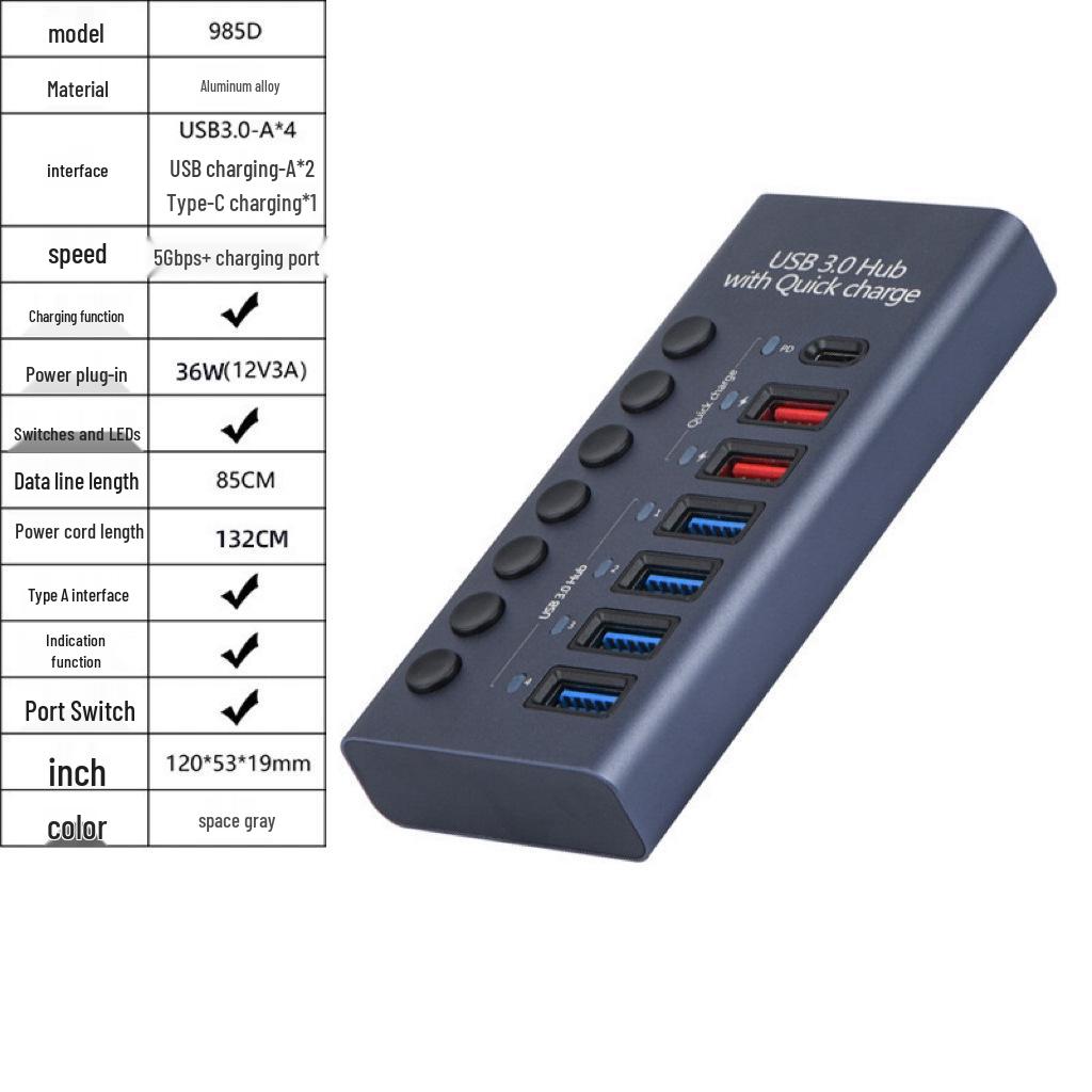 Aluminum 10-Port USB 3.0 Hub with Independent Switches and High Power Splitter