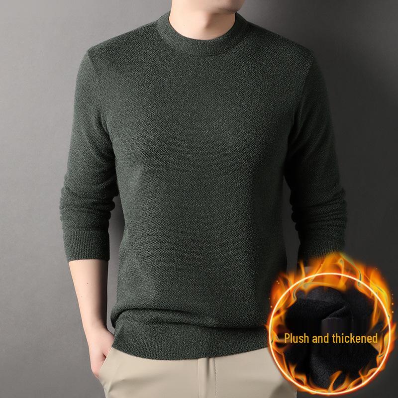 Men's Warm Thickened Knit Sweater - Autumn/Winter Casual, Middle-Aged, Round Neck, Solid Color, Fluffy Velvet.