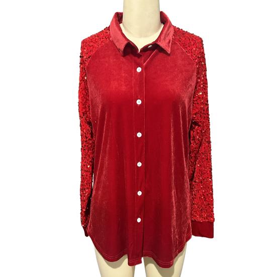 Yousheng Women Shirt Button-Down Lapel Long Sleeve Shirt Tops Solid Color Loose Fit Shiny Sequins Sleeve Velvet Shirt Cocktail Party Wear
