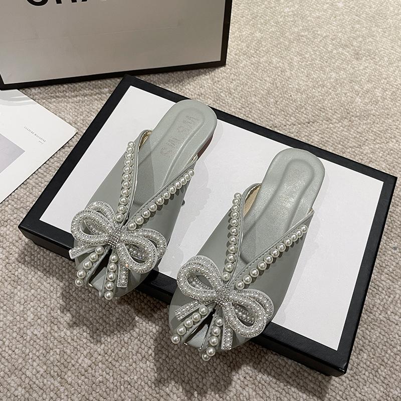 Women Slippers Summer Baotou Half Slippers Butterfly-knot Pearl Design Slippers for Women Non Slip Flat Slipper Chanclas