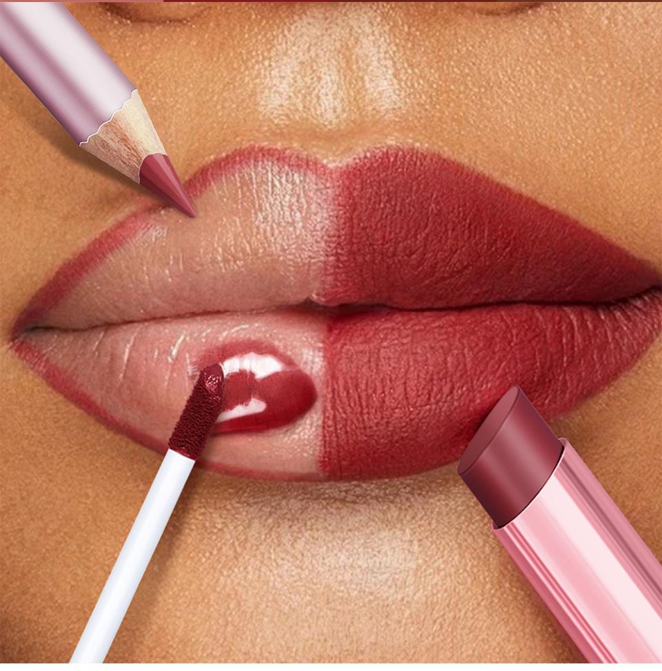 3-teiliges Lippen-Make-up-Set Lipliner Lipgloss Lippenstift Spiegeleffekt Beep Lips Hohe Farbe Lang anhaltend Spendet Feuchtigkeit Reise-Mini-Set
